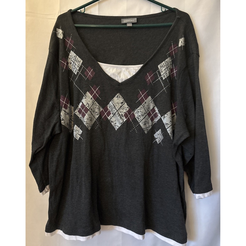 Women's‎ Essentials Argyle Sweater Shirt Layered Preppy Academia Size 2XL